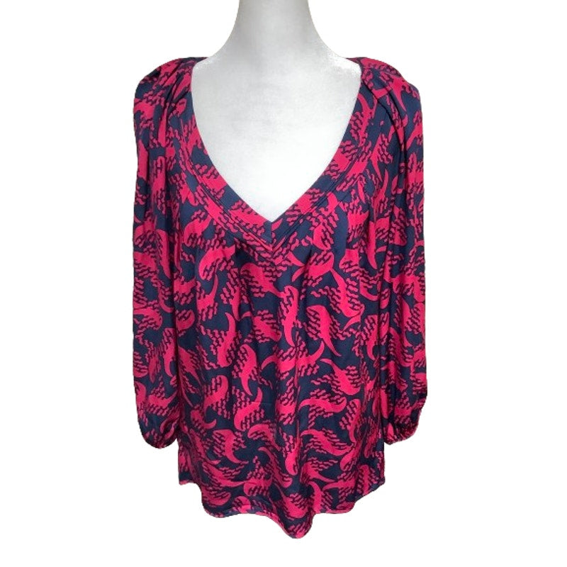 Diane Von Furstenberg Women's Blouse Top 4 Long Sleeve V Neck Retro Preppy Boho