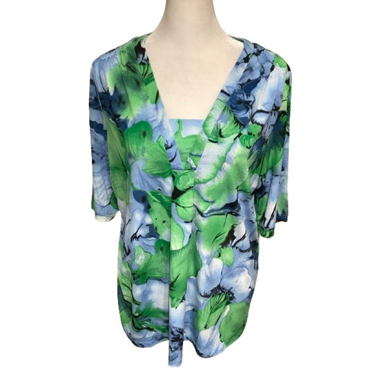 Susan Graver Blue/Green Floral Top M - Vibrant, Lightweight, Comfortable Mature