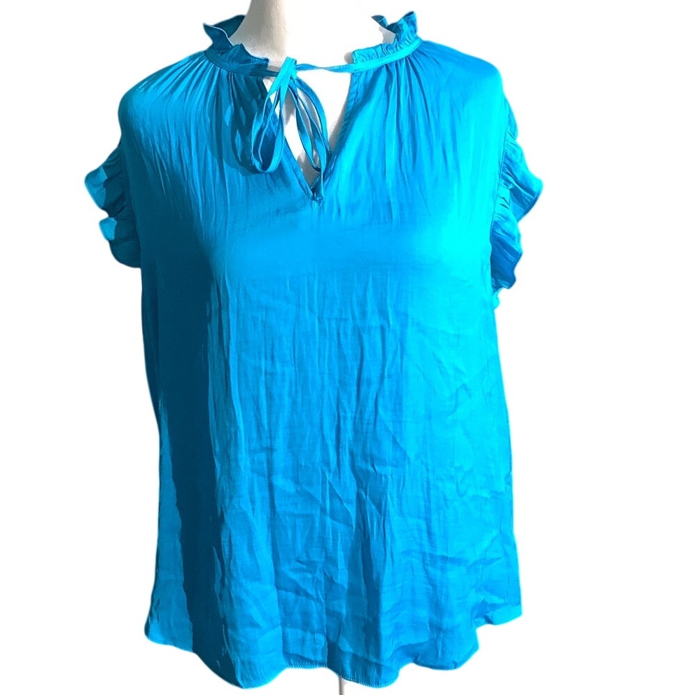Rachel Roy Tie Front Blouse Women’s Size L — Ruffle Sleeve, Mandarin Collar, NWT