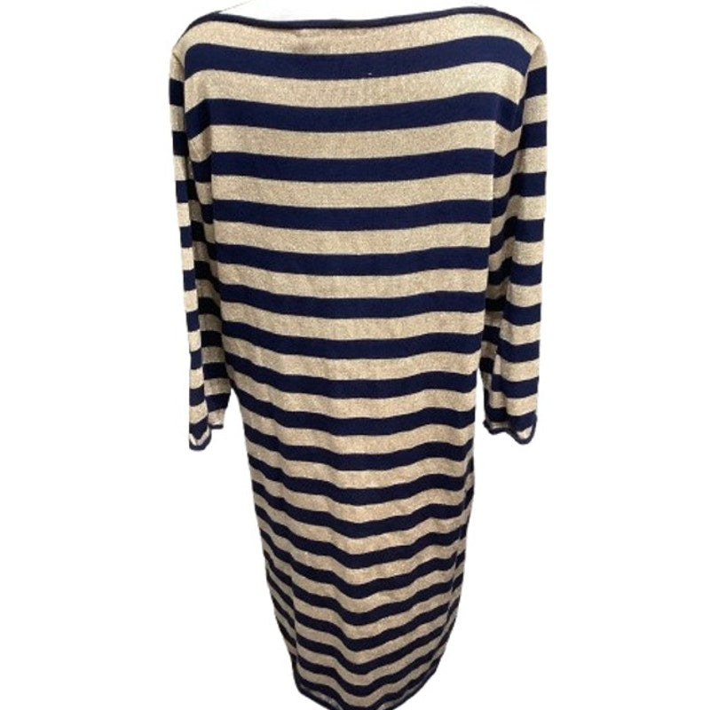 Lauren Ralph Lauren Navy and Gold Glitter Long Sleeve Dress L Preppy, Elegant