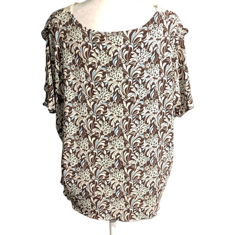 Susan Lawrence Blouse Women’s 2X Brown Cream Blue — Boho, Flowy, Casual