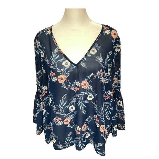 Lily White Floral Long Flowy Bell Sleeve Top Navy Blue L Boho Chic Feminine