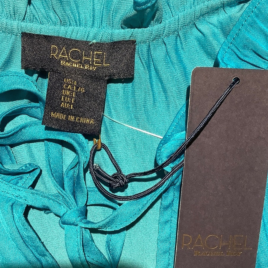 Rachel Roy Tie Front Blouse Women’s Size L — Ruffle Sleeve, Mandarin Collar, NWT