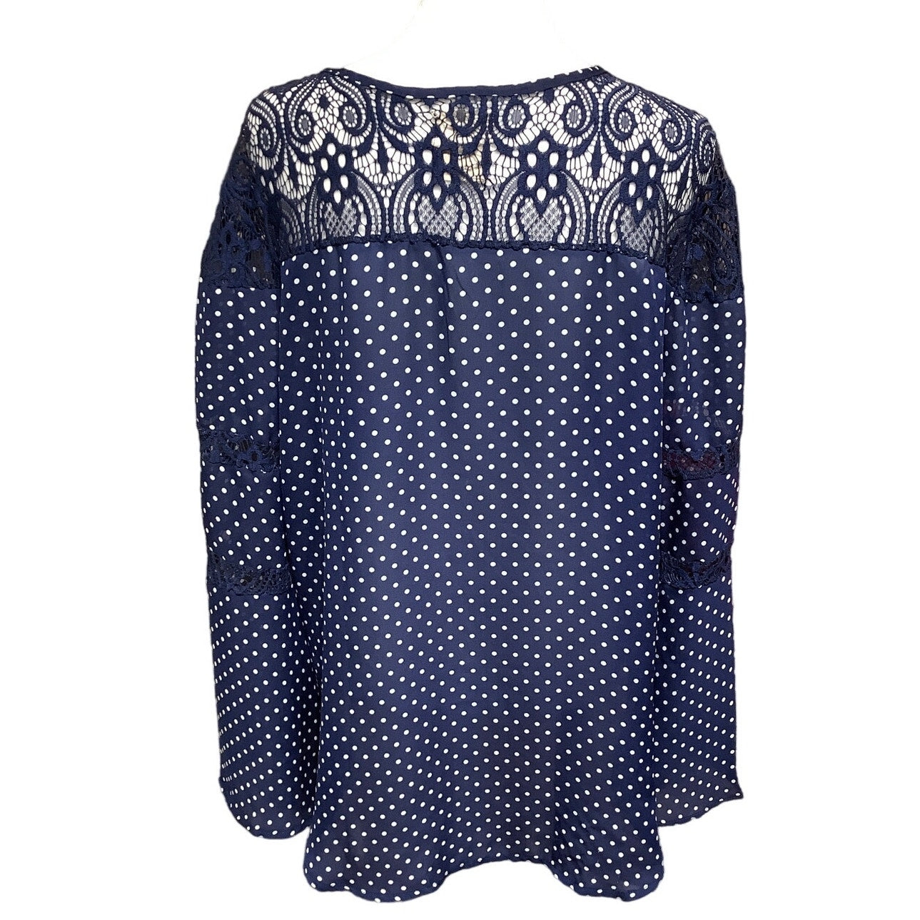 Haute Project Women's L Blouse Navy Blue Polka Dot Lace Peasant Boho Preppy