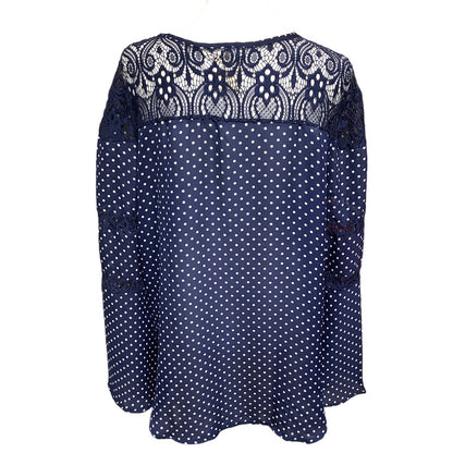 Haute Project Women's L Blouse Navy Blue Polka Dot Lace Peasant Boho Preppy