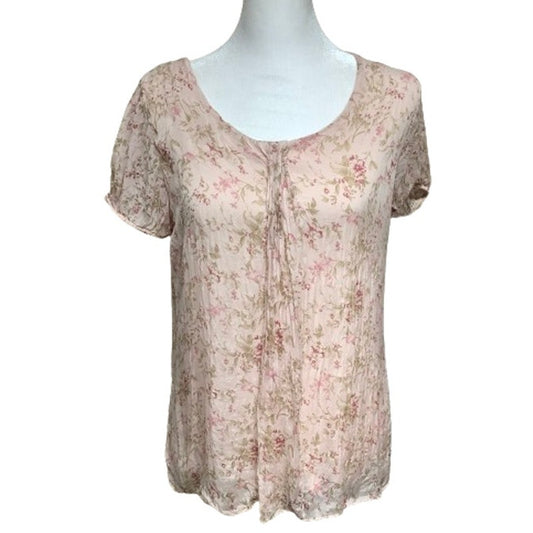 GIUSY Pink Floral Short Sleeve Top - Sz M Boho Cottagecore Silk