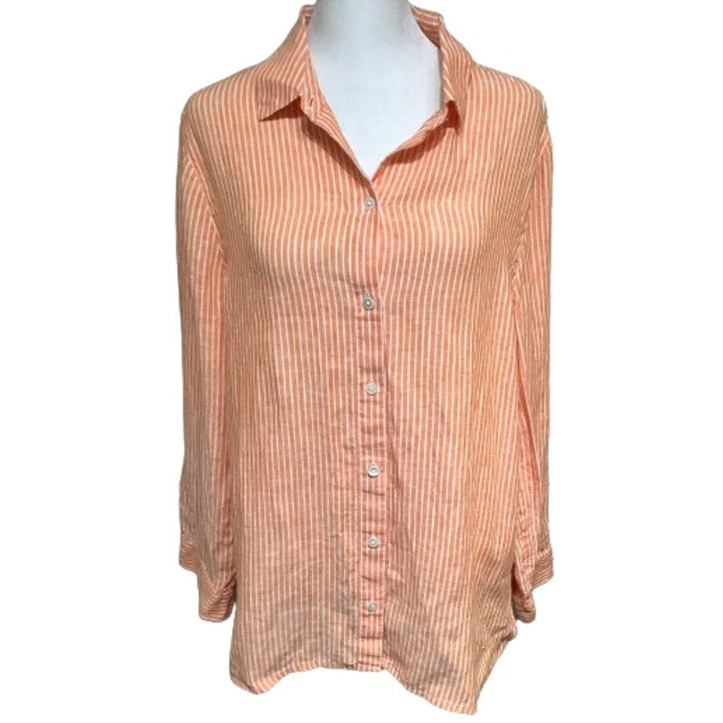 J. Jill Love Linen Peach and White Striped Button-Up Shirt Size M Office Preppy