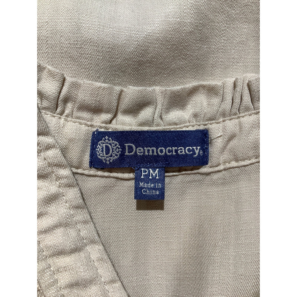 Democracy Women's Petite M Beige Crochet Trim Ruffle V Neck Button Shirt