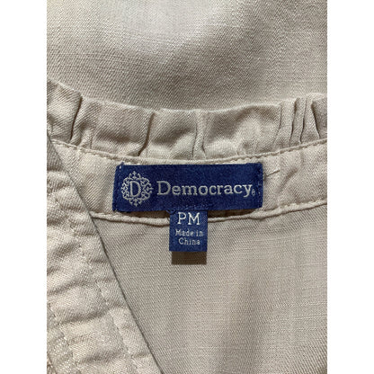 Democracy Women's Petite M Beige Crochet Trim Ruffle V Neck Button Shirt