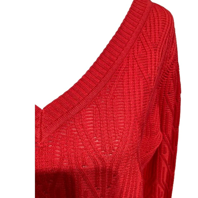 Elie Tahari Red V-Neck Cable Knit Sweater - Sz L, Elegant, Vibrant, Contemporary