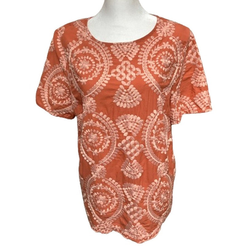 Eri + Ali Peach Embroidered Short Sleeve Top - Sz L, Boho, Chic Art to Wear