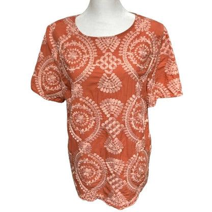 Eri + Ali Peach Embroidered Short Sleeve Top - Sz L, Boho, Chic Art to Wear