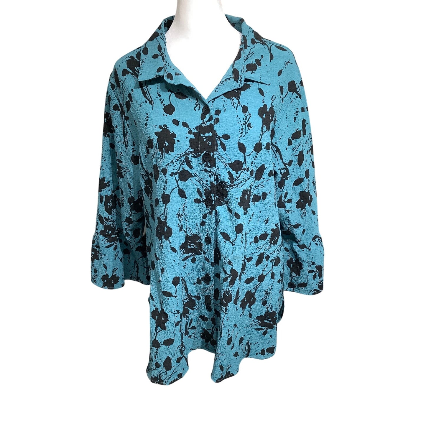 Habitat Size L Teal Floral Button-Up Top - Artistic, Boho, Feminine