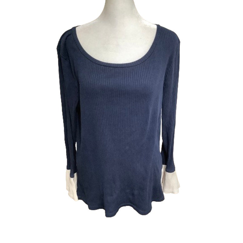 J.Crew Navy Long Ruffle White  Sleeve Ribbed Top Xl Preppy Minimalist Casual