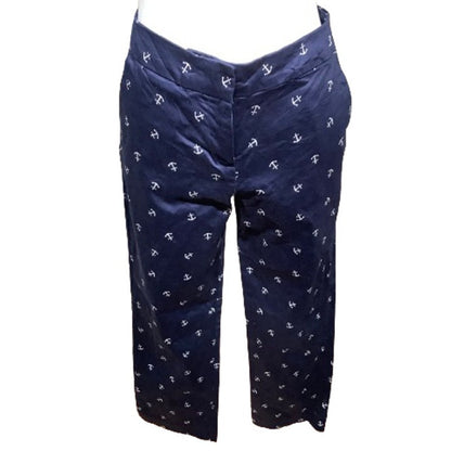 Willi Smith Women's Blue Pants with White Anchor Pattern, Size 8 Nautical Retro