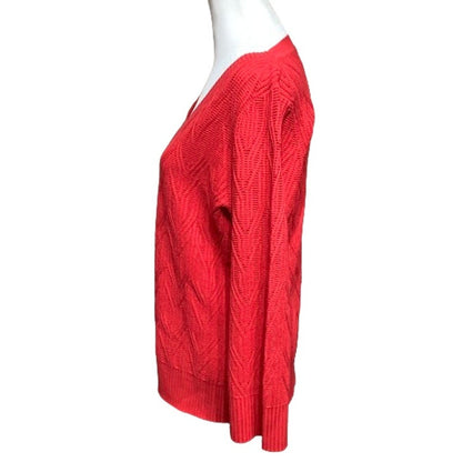 Elie Tahari Red V-Neck Cable Knit Sweater - Sz L, Elegant, Vibrant, Contemporary