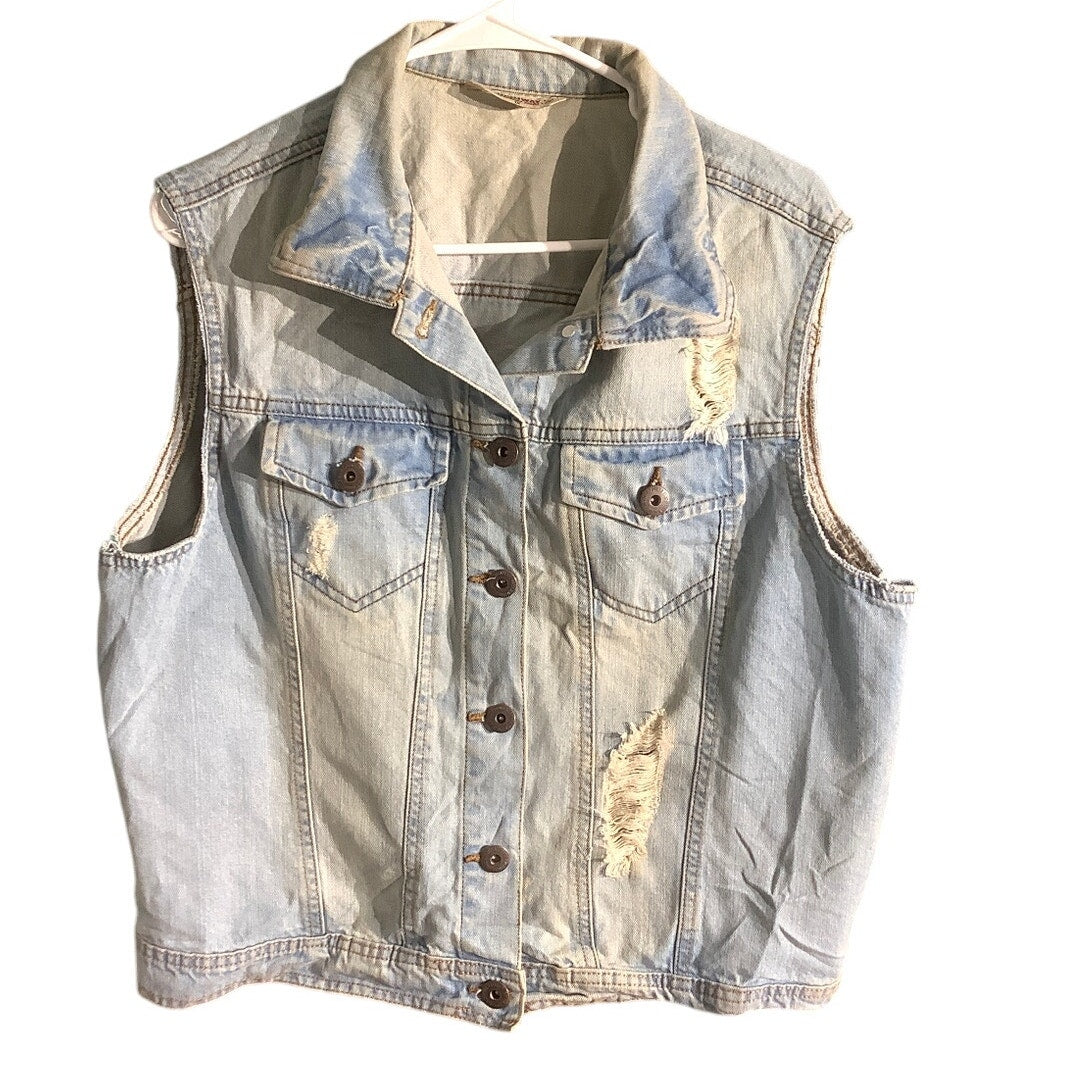 Highway Jeans Denim Vest Women’s Size 1X – Light Wash, Distressed, Sleeveless