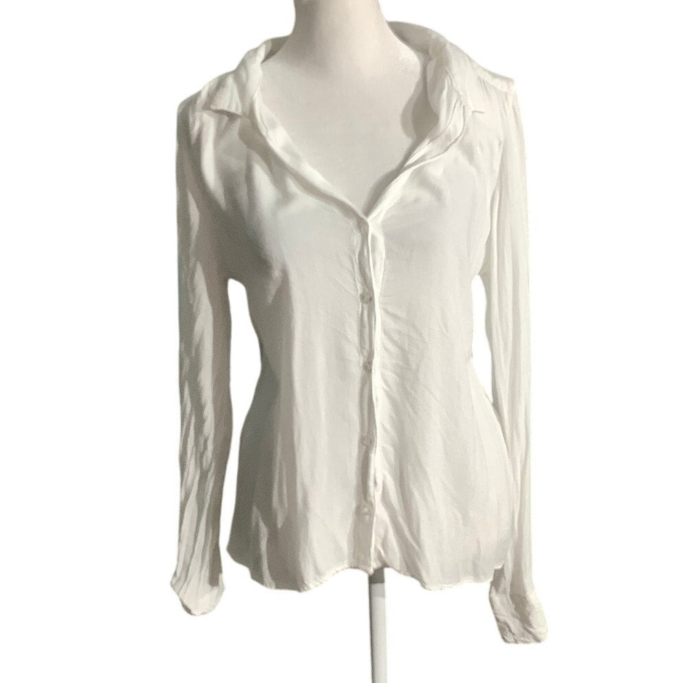 Bella Dahl White Button Front Blouse Women M — Collared, Open Back, Lightweight