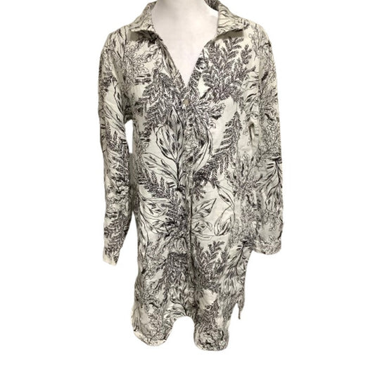 Tahari Black and White Nature Print Linen Button Up S Cottagecore, Chic Timeless