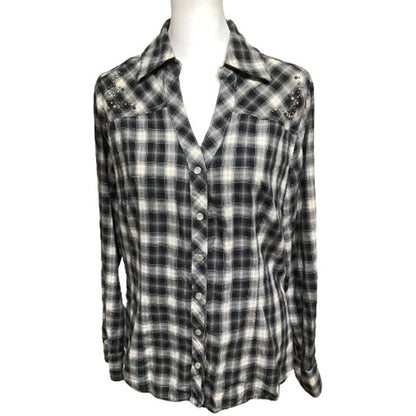 a.n.a Black & Tan Plaid Long Sleeve Top with Stud Details - Sz L Western Country