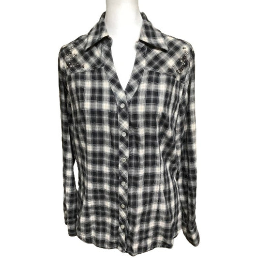 a.n.a Black & Tan Plaid Long Sleeve Top with Stud Details - Sz L Western Country