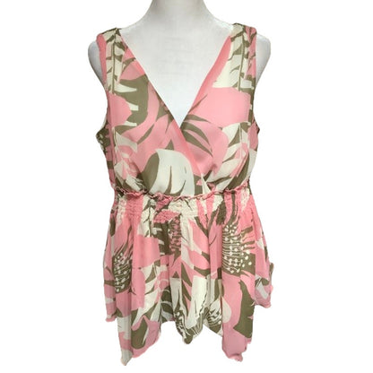 Jonathan Martin Pink Tan Shirt L Sleeveless Floral Smocked Waist Boho Preppy