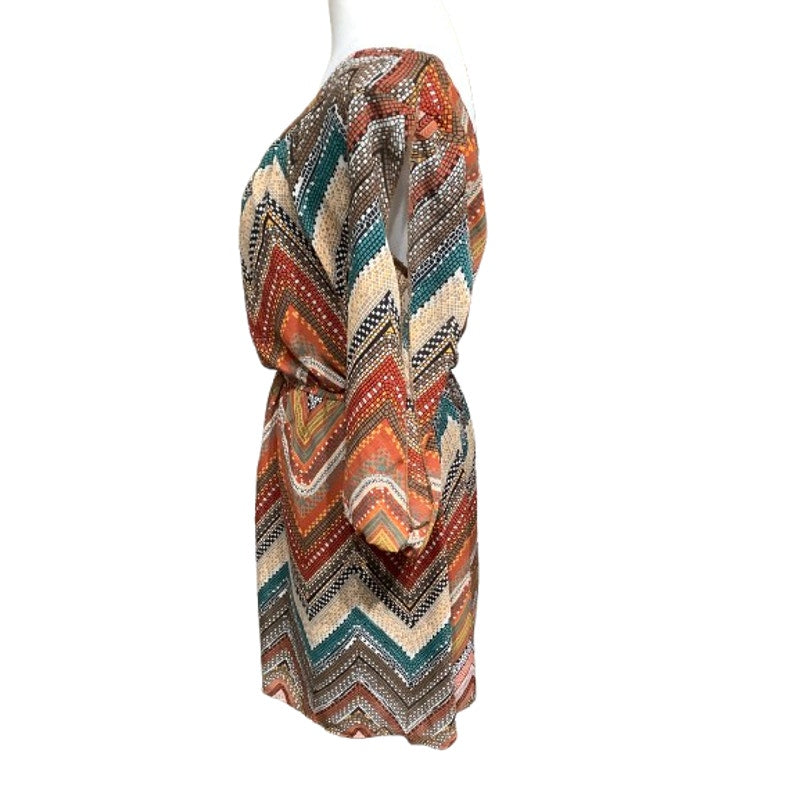 Bongo Boho Fall Chevron Dress – Multicolor, 3/4 Sleeve, Flowy – Size L