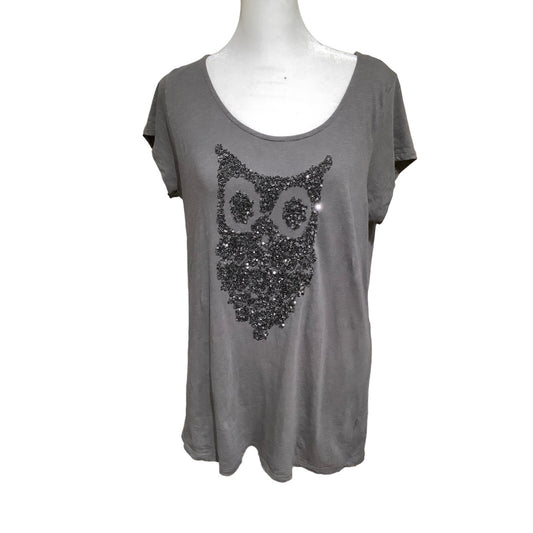 Owl Shirt Gray Short Sleeve Top Sequin Owl L Casual Whimsical Nature-Inspired