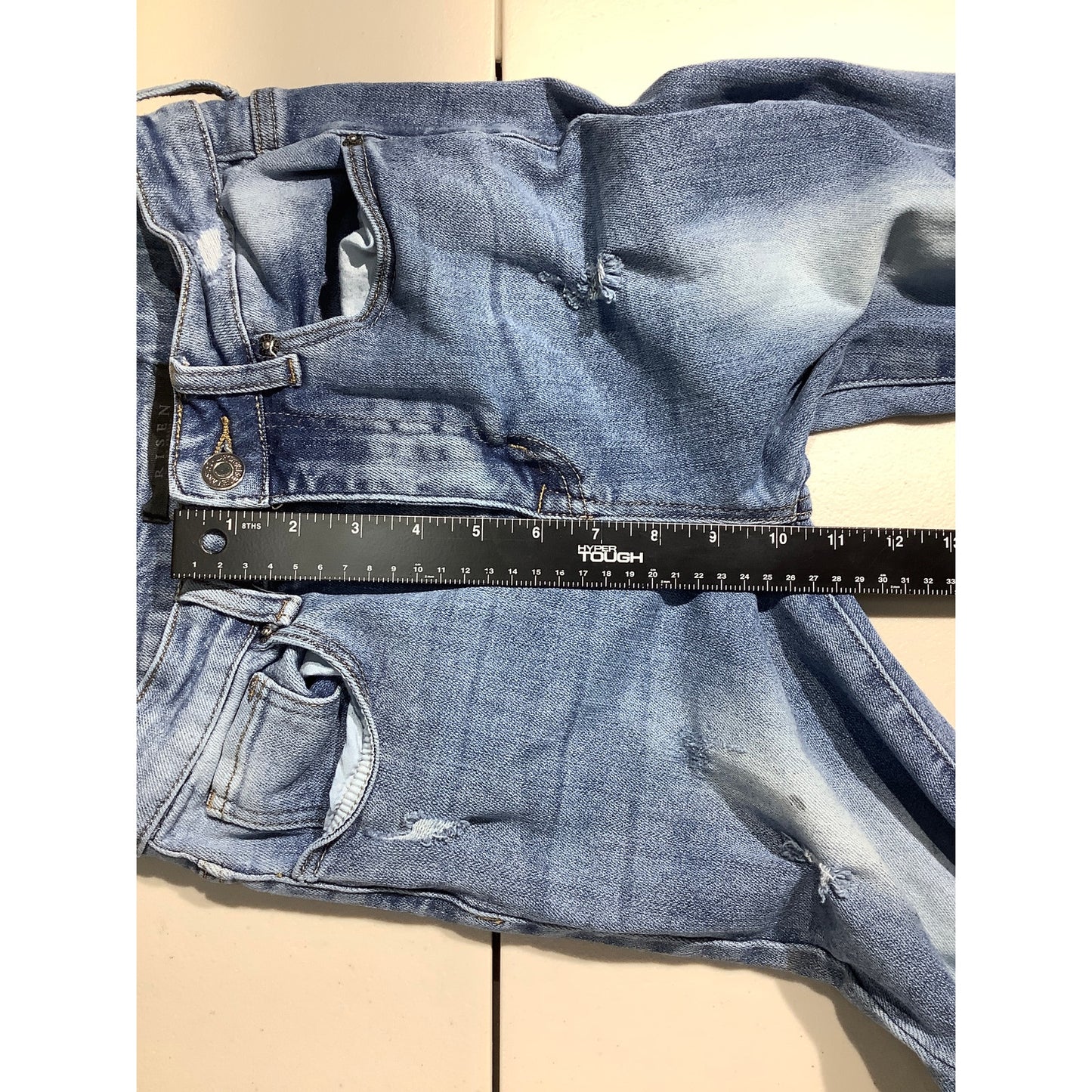 Risen Denim Blue Distressed Flare Jeans Women 26/3 — Boho, Frayed, Vintage Style