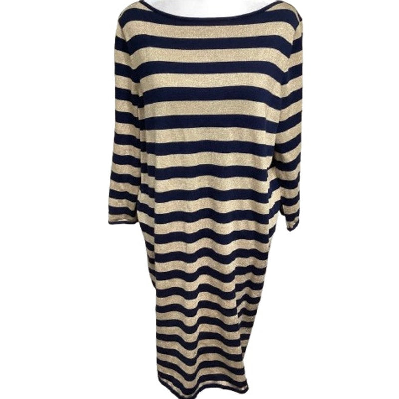 Lauren Ralph Lauren Navy and Gold Glitter Long Sleeve Dress L Preppy, Elegant