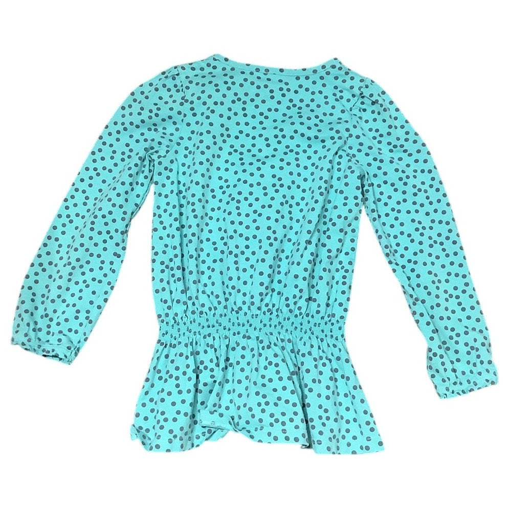 OshKosh Girls 6 Turquoise Black Polka Dot Babydoll Top 100% Cotton Long Sleeve