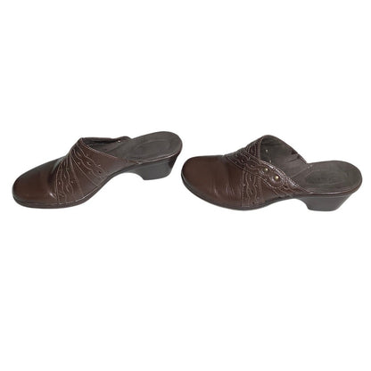 Clarks Leather Slip-On Heeled Mules Women’s 9M – Brown, Comfort, Everyday Wear