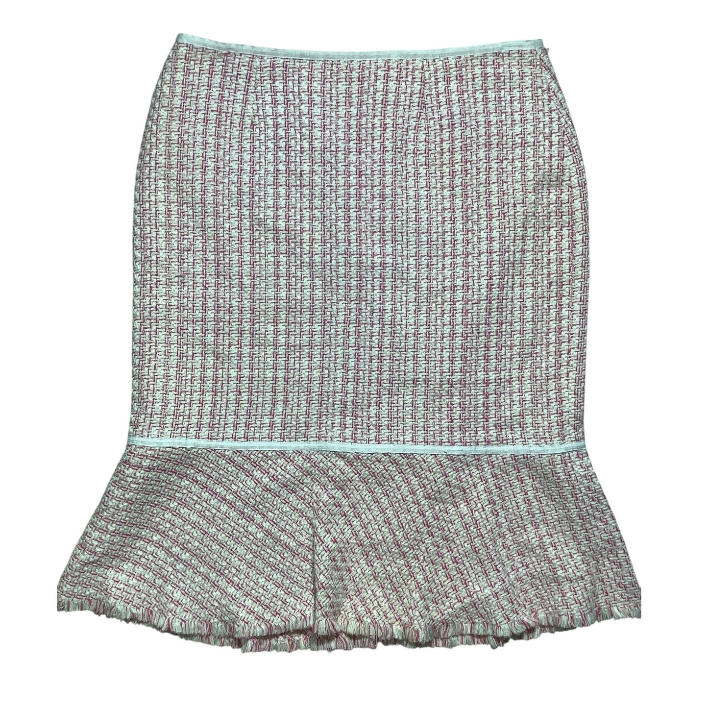 Reba Pink White Tweed Skirt Women’s Size 10 — Silk Blend, Ruffle Hem, Feminine