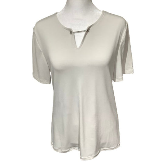 Carmen Marc Valvo Cream Short Sleeve Shirt MD Modern Minimalist Metal Accents