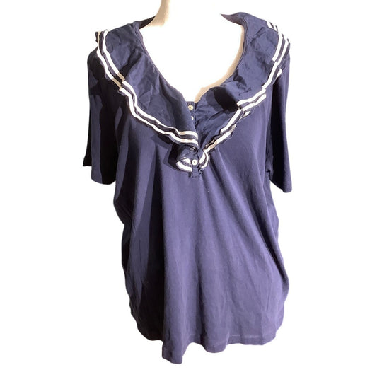 Lauren Ralph Lauren Navy Cotton Blouse Women’s Size 2X –Ruffle, Nautical, Casual