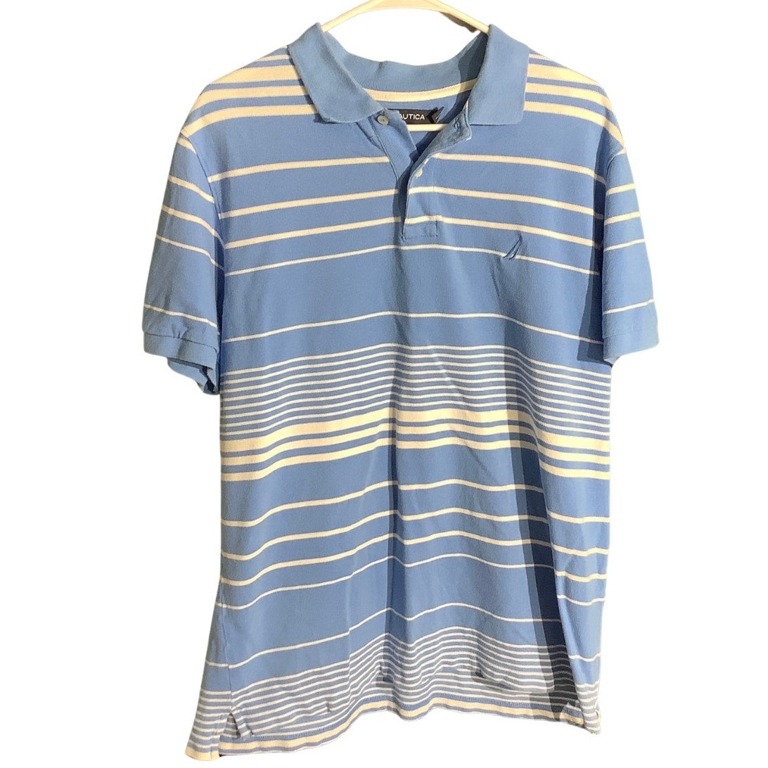 Nautica Blue White Striped Polo Shirt Men’s Size Large — Preppy, Golf, Coastal