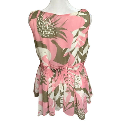 Jonathan Martin Pink Tan Shirt L Sleeveless Floral Smocked Waist Boho Preppy