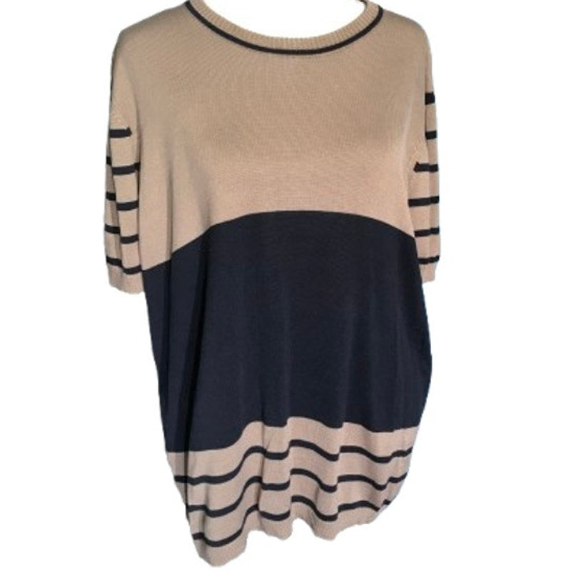 Rena Rowan Light Brown & Blue Striped Silk Sweater 2X- Classic, Minimalist, Chic