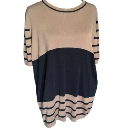 Rena Rowan Light Brown & Blue Striped Silk Sweater 2X- Classic, Minimalist, Chic