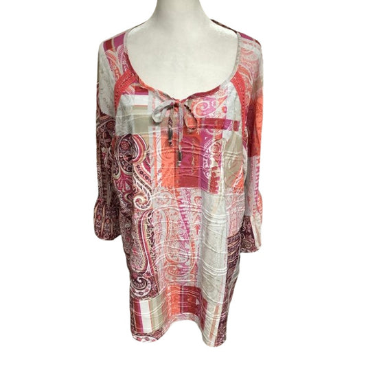 Catherines 1X Pink Orange Maroon Paisley Flutter Sleeve Tunic Boho, Feminine