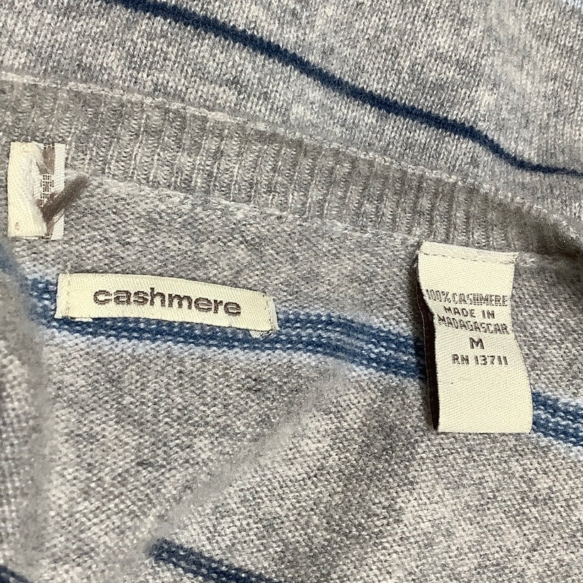 100% Cashmere Grey Sweater, Blue & White Stripes Cozy Minimalist