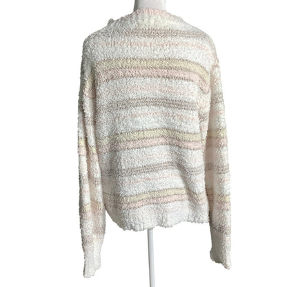 POL White Pink Tan Fuzzy Striped Sweater Women S/M — Soft, Cozy, Lightweight
