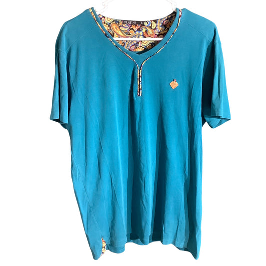 Platini Teal Paisley Trim Henley T-Shirt Men’s L — Luxury, Casual, Y2K