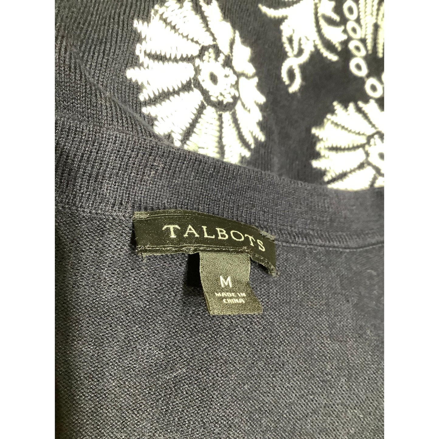 Talbots Navy Blue Cardigan Sweater M Preppy Lightweight Floral Embroidery