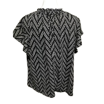 Adrienne Vittadini Black White Chevron Top 2X Ruffled Sleeves Chevron Regency