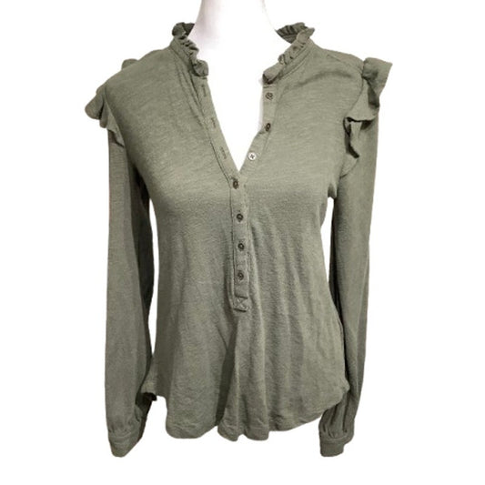Pilcro Army Green Ruffle Sleeve Button-Down, Size XS - Boho, Feminine, Casual