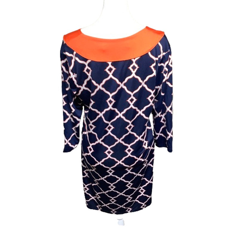 Tracy Negoshian Dress S Navy Orange White Geometric Pattern V-Neck