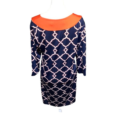 Tracy Negoshian Dress S Navy Orange White Geometric Pattern V-Neck