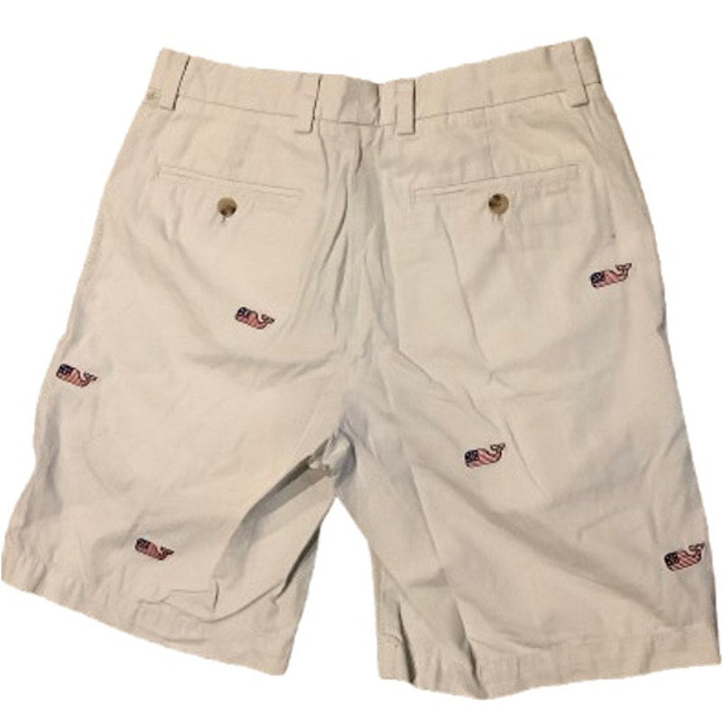 Vineyard Vines Khaki Shorts with American Flag Whale Embroidery Sz 30