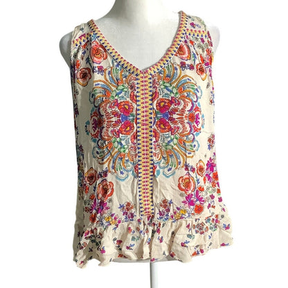 Bila Ivory Boho Peplum Tank Top Women’s Small — Floral, Embroidered, Festival